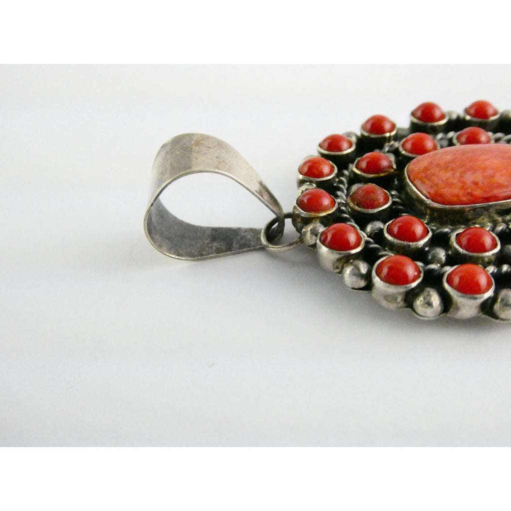 NA Navajo L Etsitty Sterling Silver Red Coral Studded Pendant 29.5g 2.5 Inches