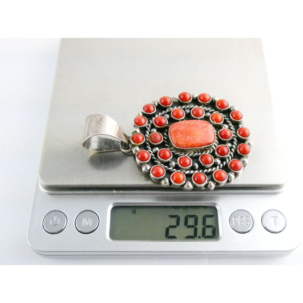 NA Navajo L Etsitty Sterling Silver Red Coral Studded Pendant 29.5g 2.5 Inches
