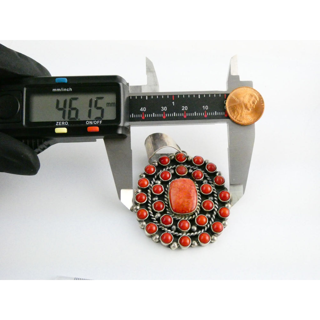 NA Navajo L Etsitty Sterling Silver Red Coral Studded Pendant 29.5g 2.5 Inches