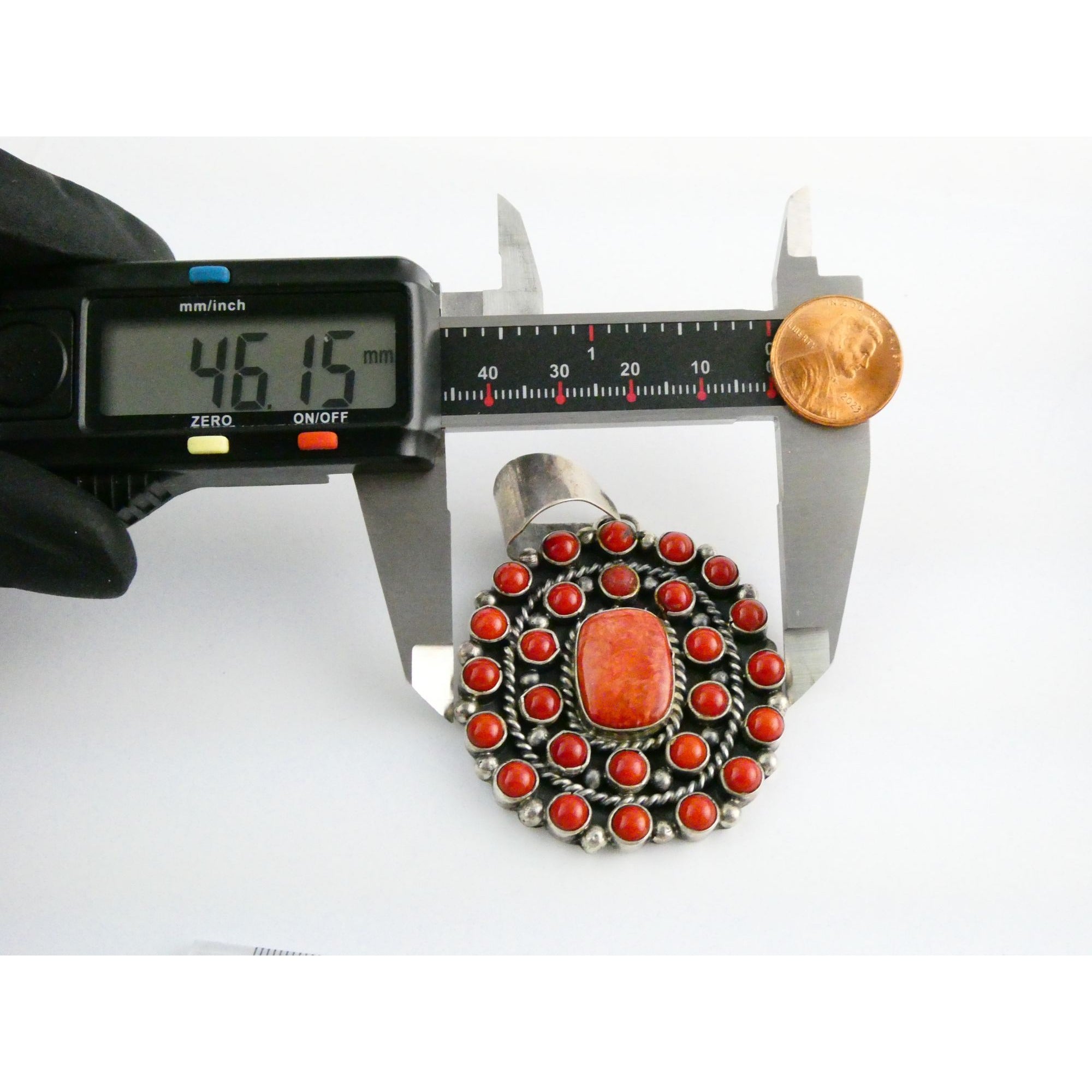 NA Navajo L Etsitty Sterling Silver Red Coral Studded Pendant 29.5g 2.5 Inches