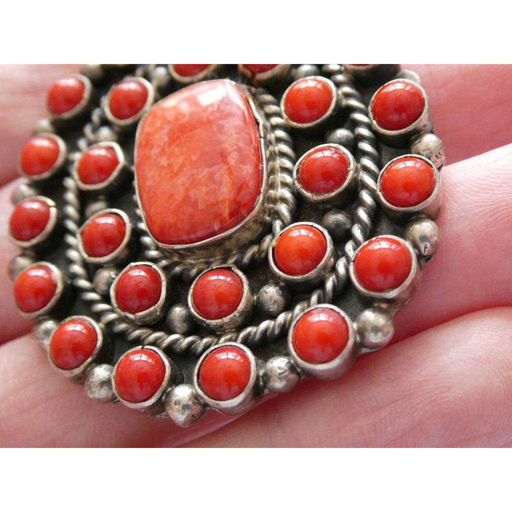 NA Navajo L Etsitty Sterling Silver Red Coral Studded Pendant 29.5g 2.5 Inches