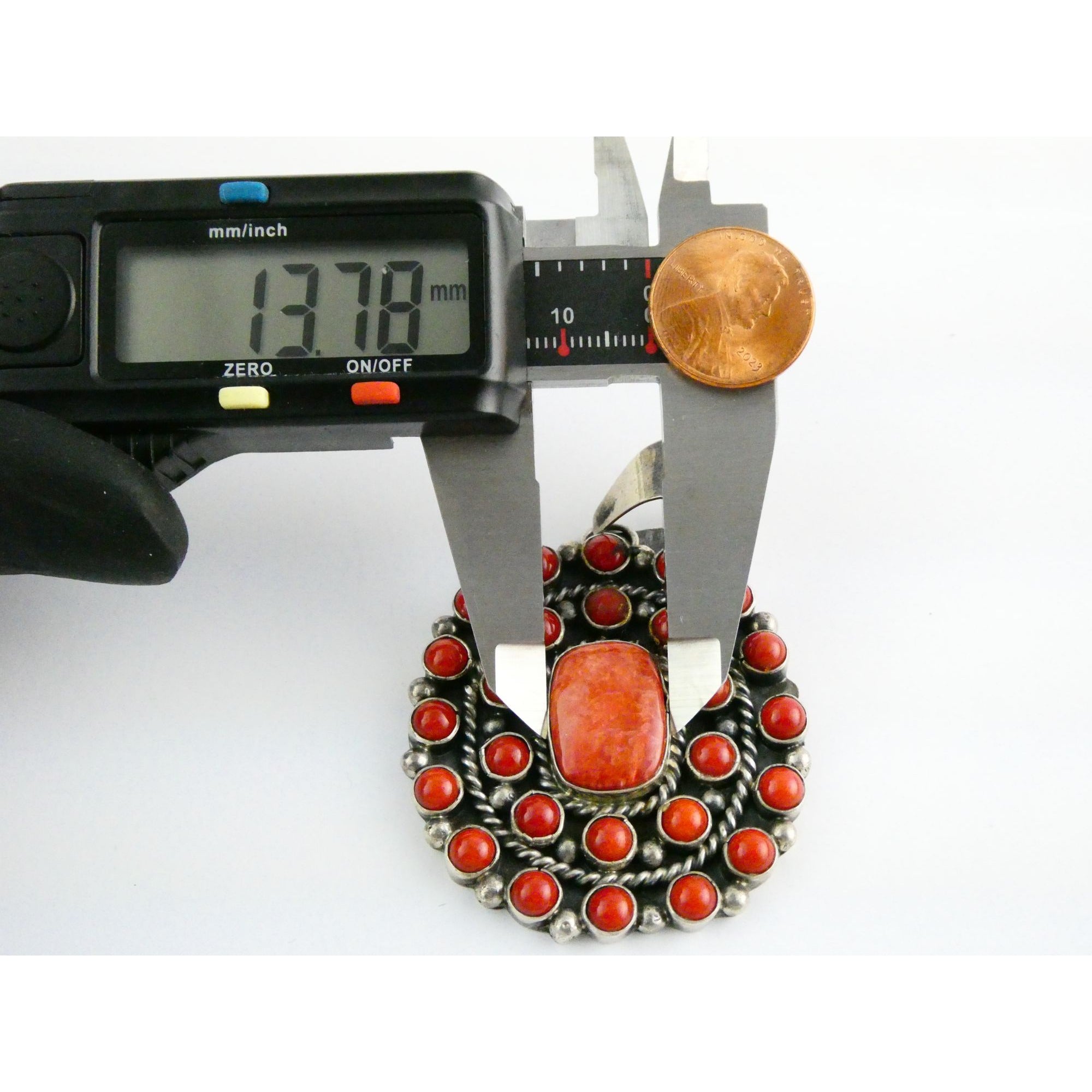 NA Navajo L Etsitty Sterling Silver Red Coral Studded Pendant 29.5g 2.5 Inches
