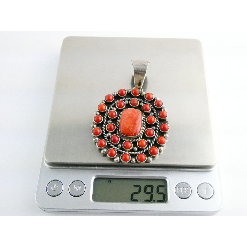 NA Navajo L Etsitty Sterling Silver Red Coral Studded Pendant 29.5g 2.5 Inches