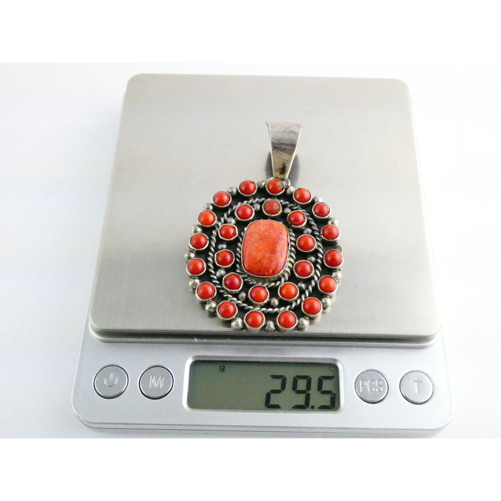 NA Navajo L Etsitty Sterling Silver Red Coral Studded Pendant 29.5g 2.5 Inches