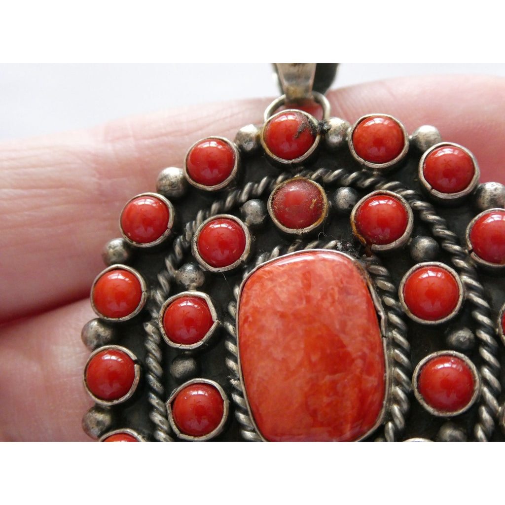 NA Navajo L Etsitty Sterling Silver Red Coral Studded Pendant 29.5g 2.5 Inches