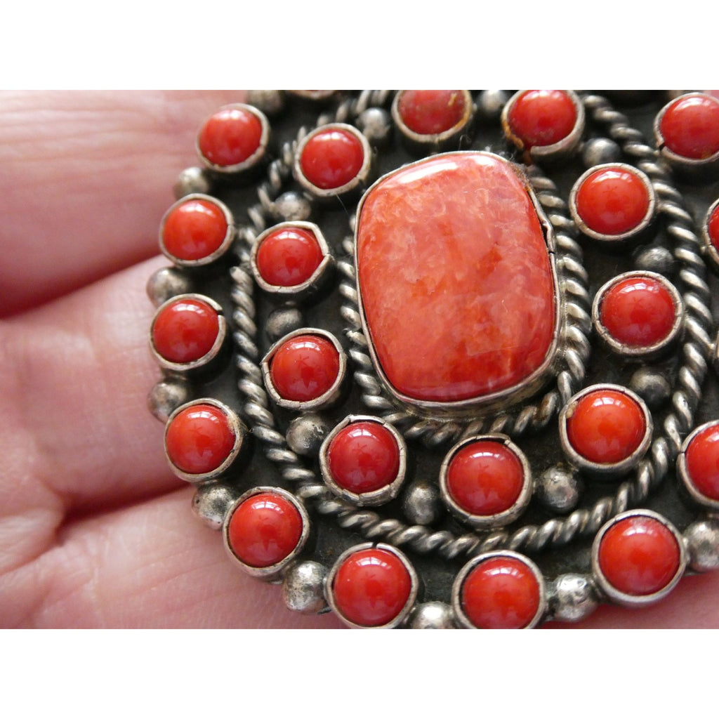 NA Navajo L Etsitty Sterling Silver Red Coral Studded Pendant 29.5g 2.5 Inches