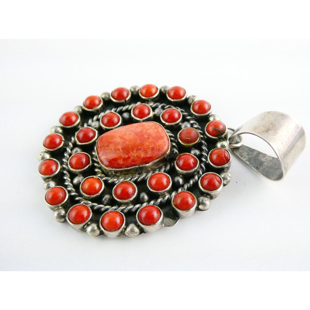 NA Navajo L Etsitty Sterling Silver Red Coral Studded Pendant 29.5g 2.5 Inches