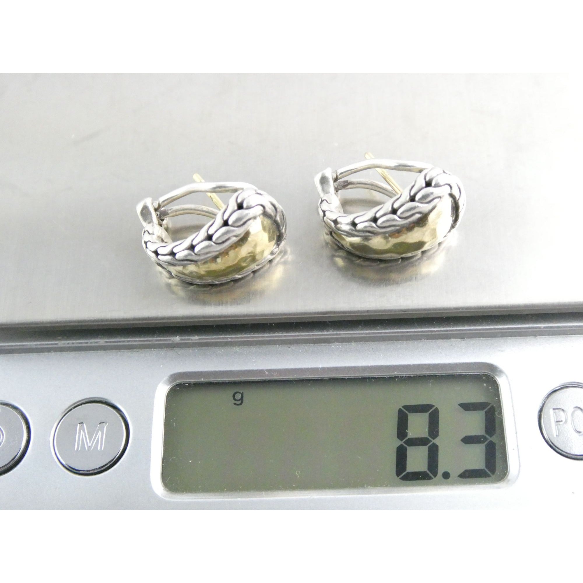 John Hardy Palu 22k Gold Sterling Silver Hammered Motif Pierced Earrings 17mm 8g