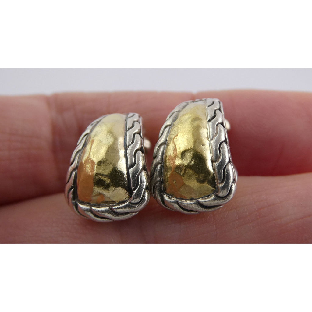 John Hardy Palu 22k Gold Sterling Silver Hammered Motif Pierced Earrings 17mm 8g