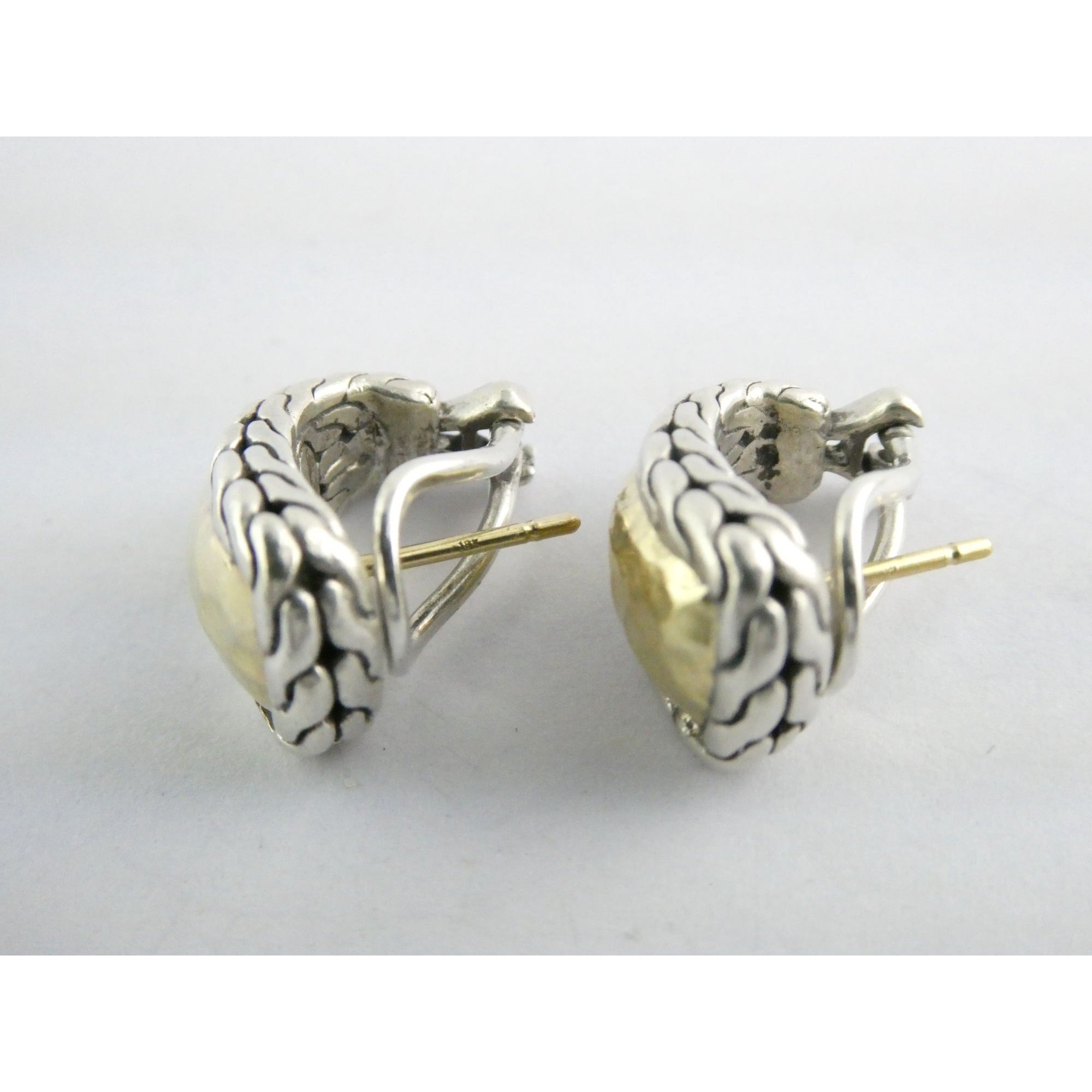John Hardy Palu 22k Gold Sterling Silver Hammered Motif Pierced Earrings 17mm 8g