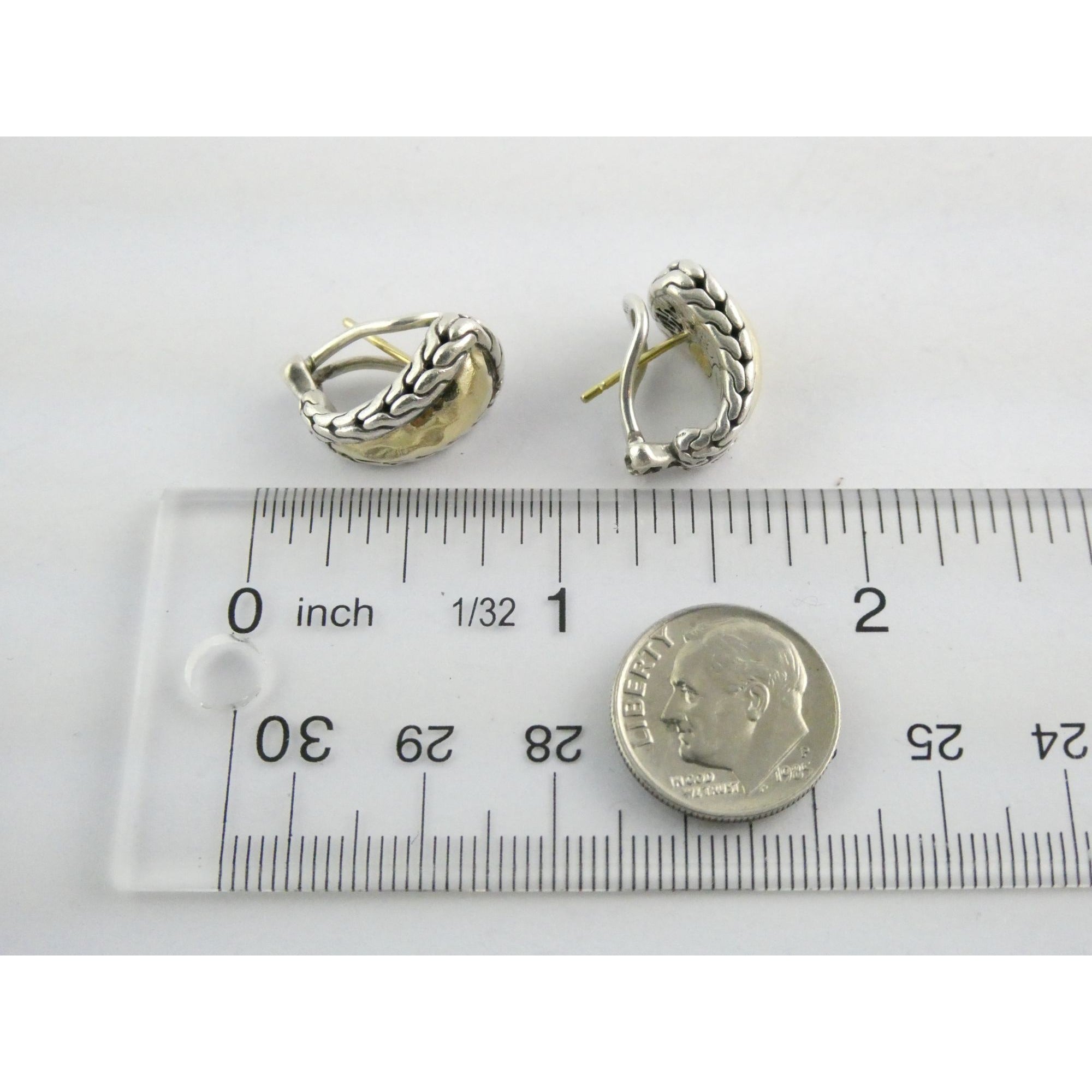 John Hardy Palu 22k Gold Sterling Silver Hammered Motif Pierced Earrings 17mm 8g
