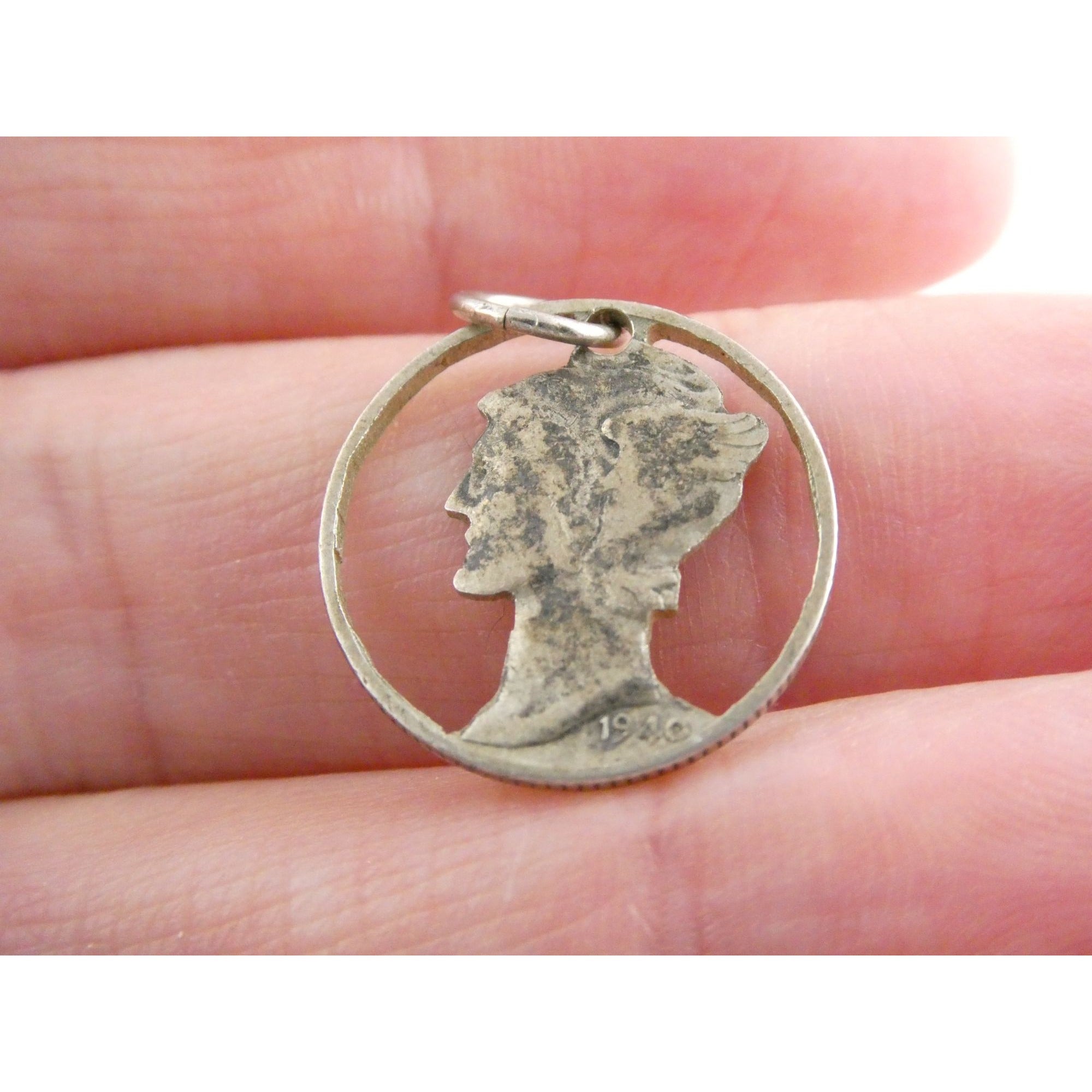 Vintage Silver Hand Carved Mercury Dime Pendant Cut Out Charm 1.7g 17mm Diameter