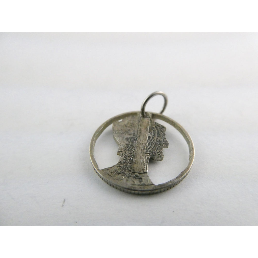 Vintage Silver Hand Carved Mercury Dime Pendant Cut Out Charm 1.7g 17mm Diameter