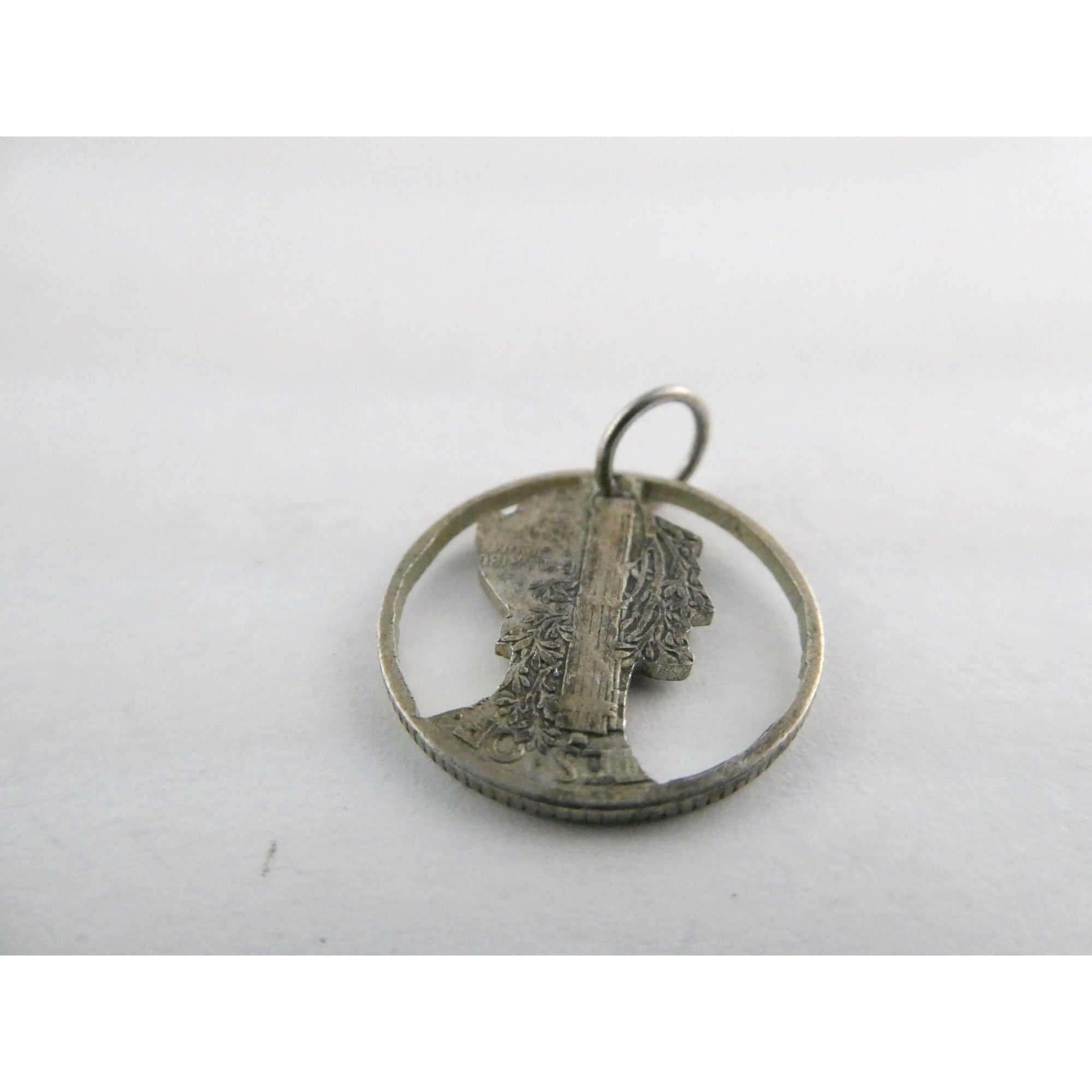 Vintage Silver Hand Carved Mercury Dime Pendant Cut Out Charm 1.7g 17mm Diameter