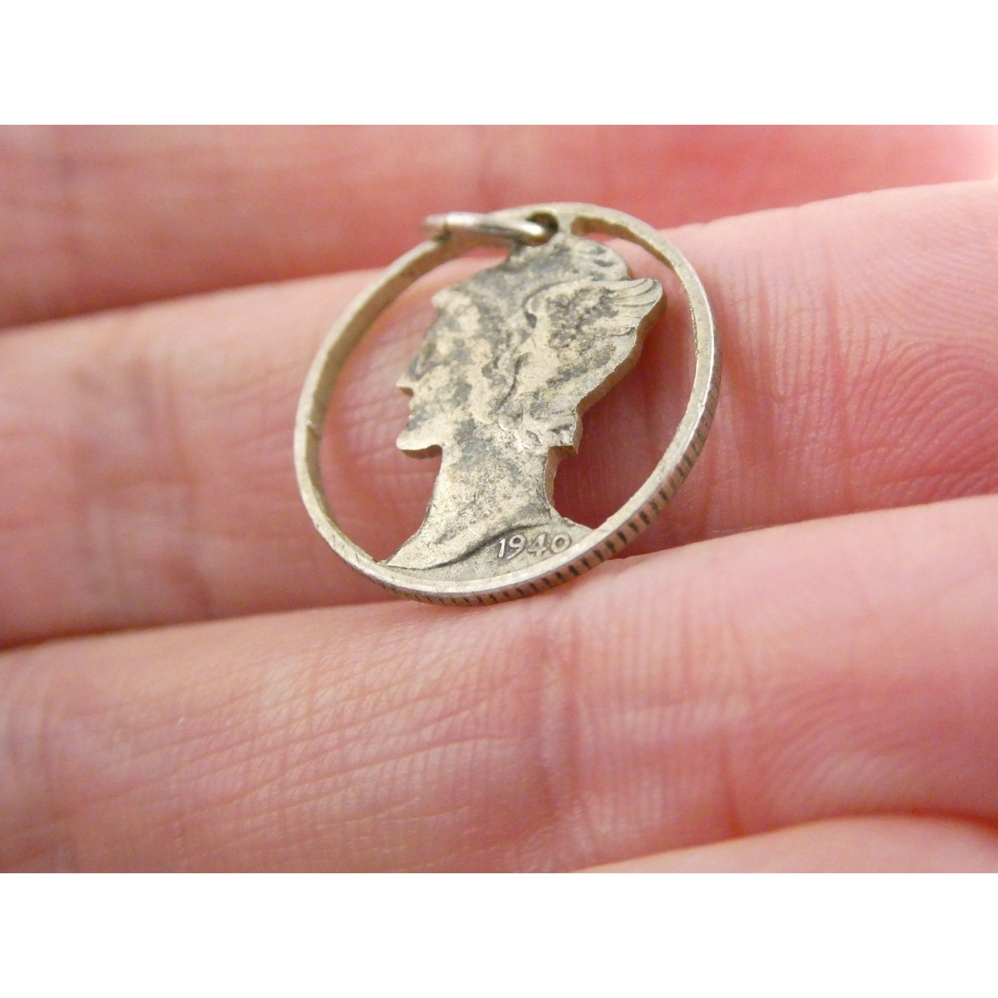 Vintage Silver Hand Carved Mercury Dime Pendant Cut Out Charm 1.7g 17mm Diameter