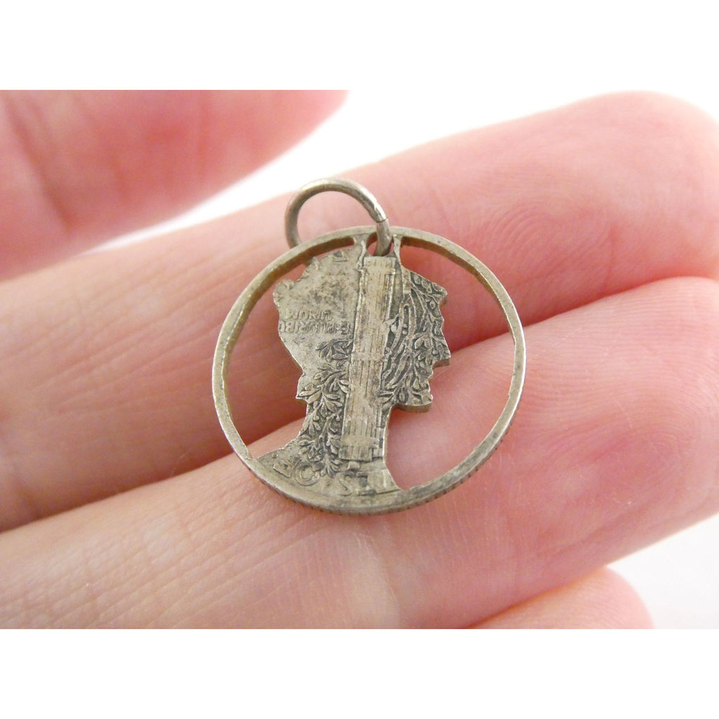 Vintage Silver Hand Carved Mercury Dime Pendant Cut Out Charm 1.7g 17mm Diameter