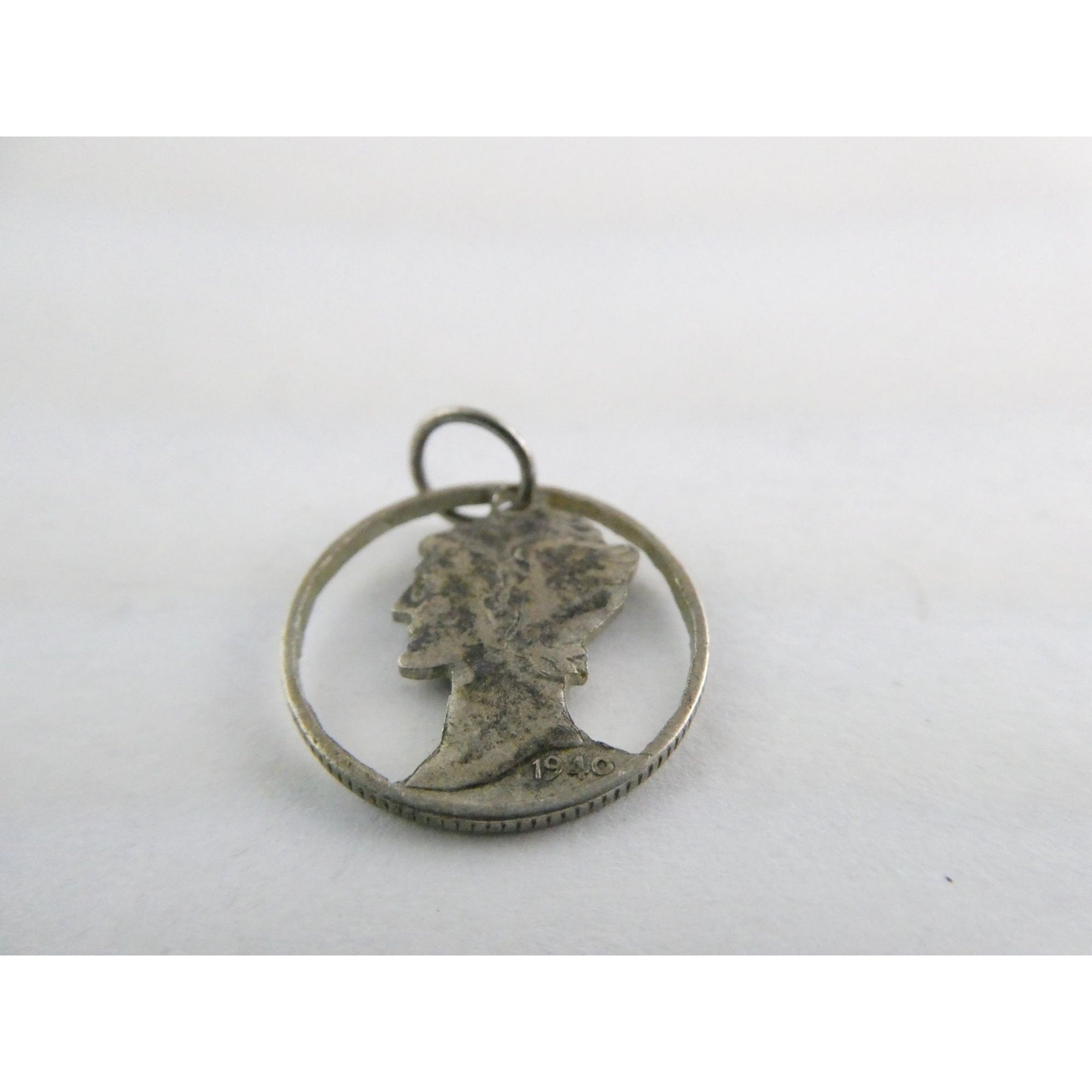 Vintage Silver Hand Carved Mercury Dime Pendant Cut Out Charm 1.7g 17mm Diameter