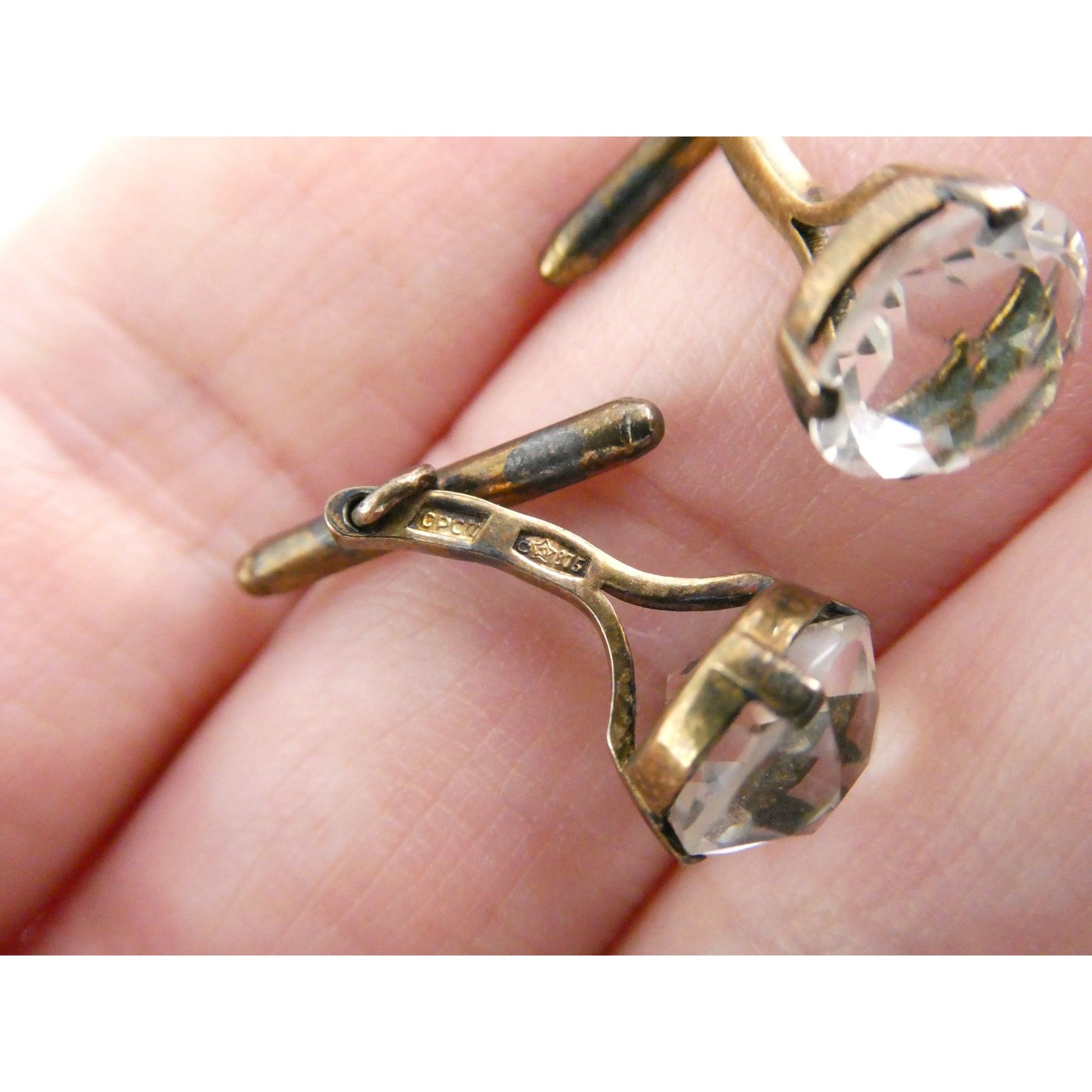Soviet Russian Rose Gold Gilt 875 Silver Clear Quartz Cufflinks CPC7 Mark 3g
