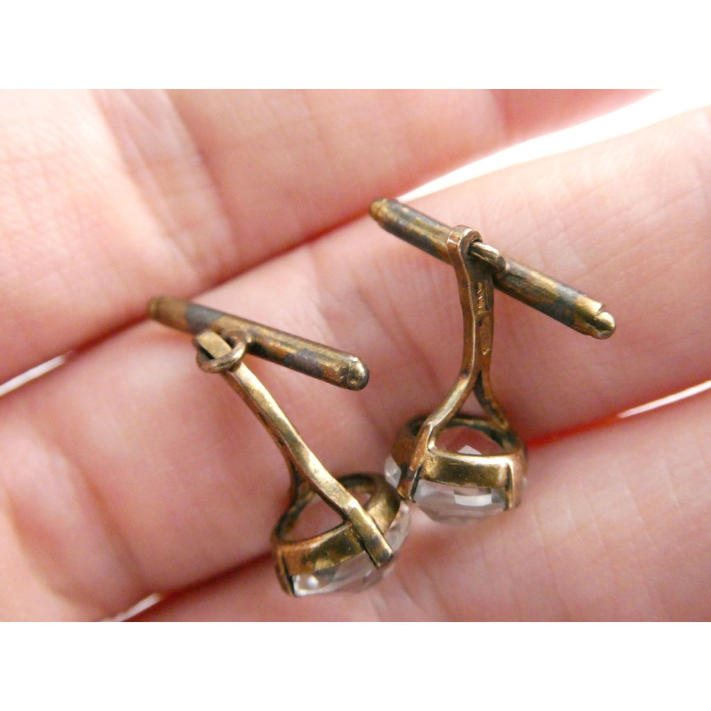 Soviet Russian Rose Gold Gilt 875 Silver Clear Quartz Cufflinks CPC7 Mark 3g