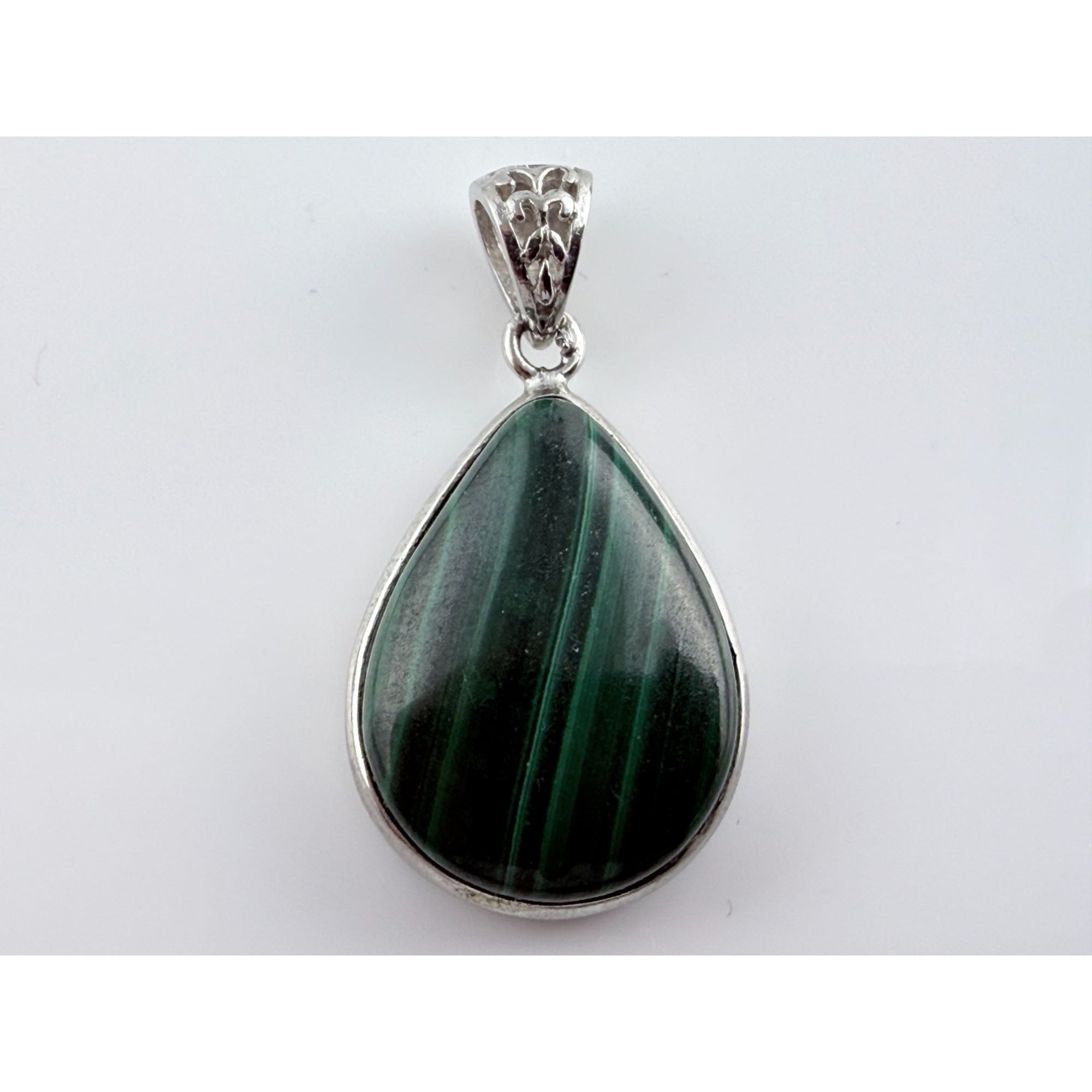 Sterling Silver Malachite Teardrop Cabochon Pendant 5.1 Grams 30mm Total Length