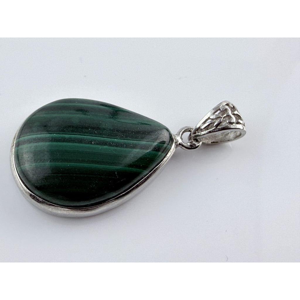 Sterling Silver Malachite Teardrop Cabochon Pendant 5.1 Grams 30mm Total Length