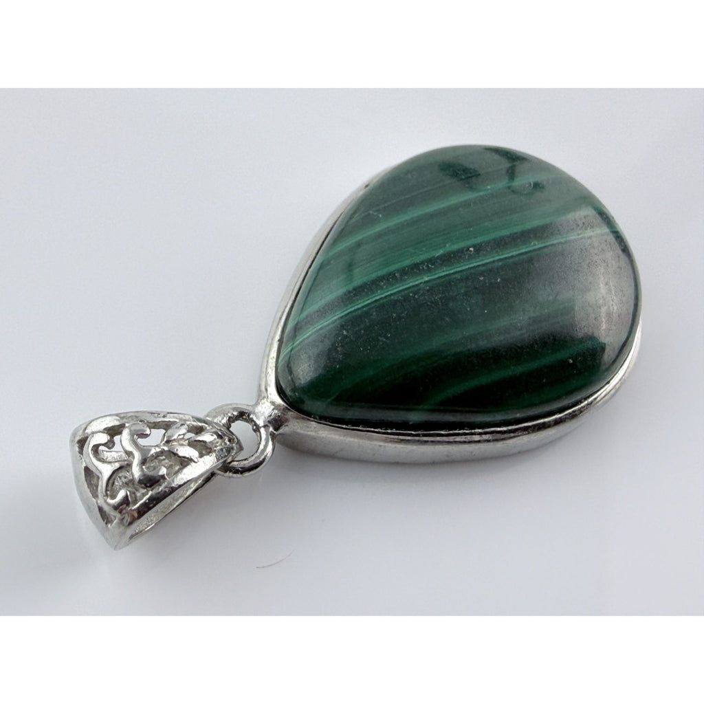 Sterling Silver Malachite Teardrop Cabochon Pendant 5.1 Grams 30mm Total Length