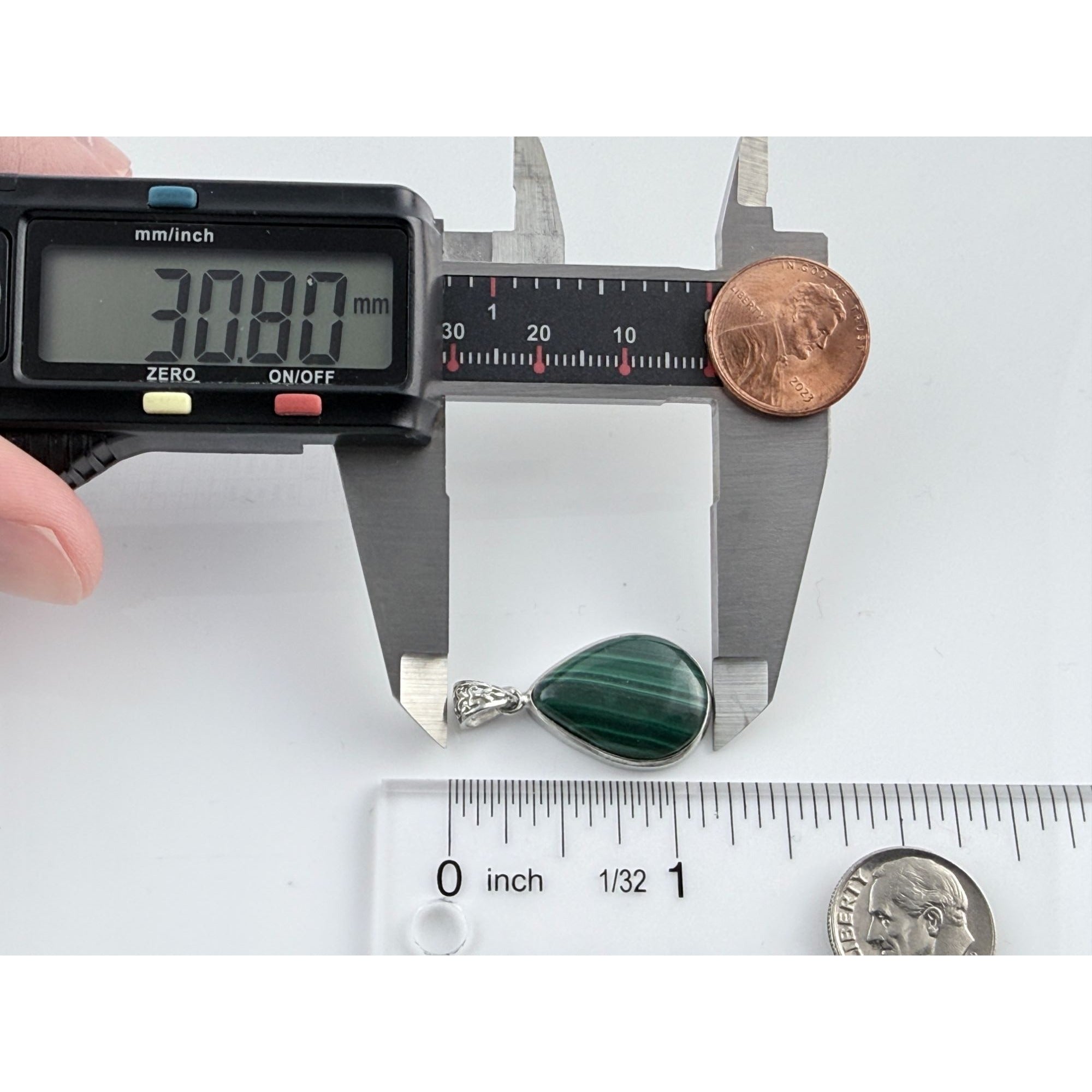 Sterling Silver Malachite Teardrop Cabochon Pendant 5.1 Grams 30mm Total Length