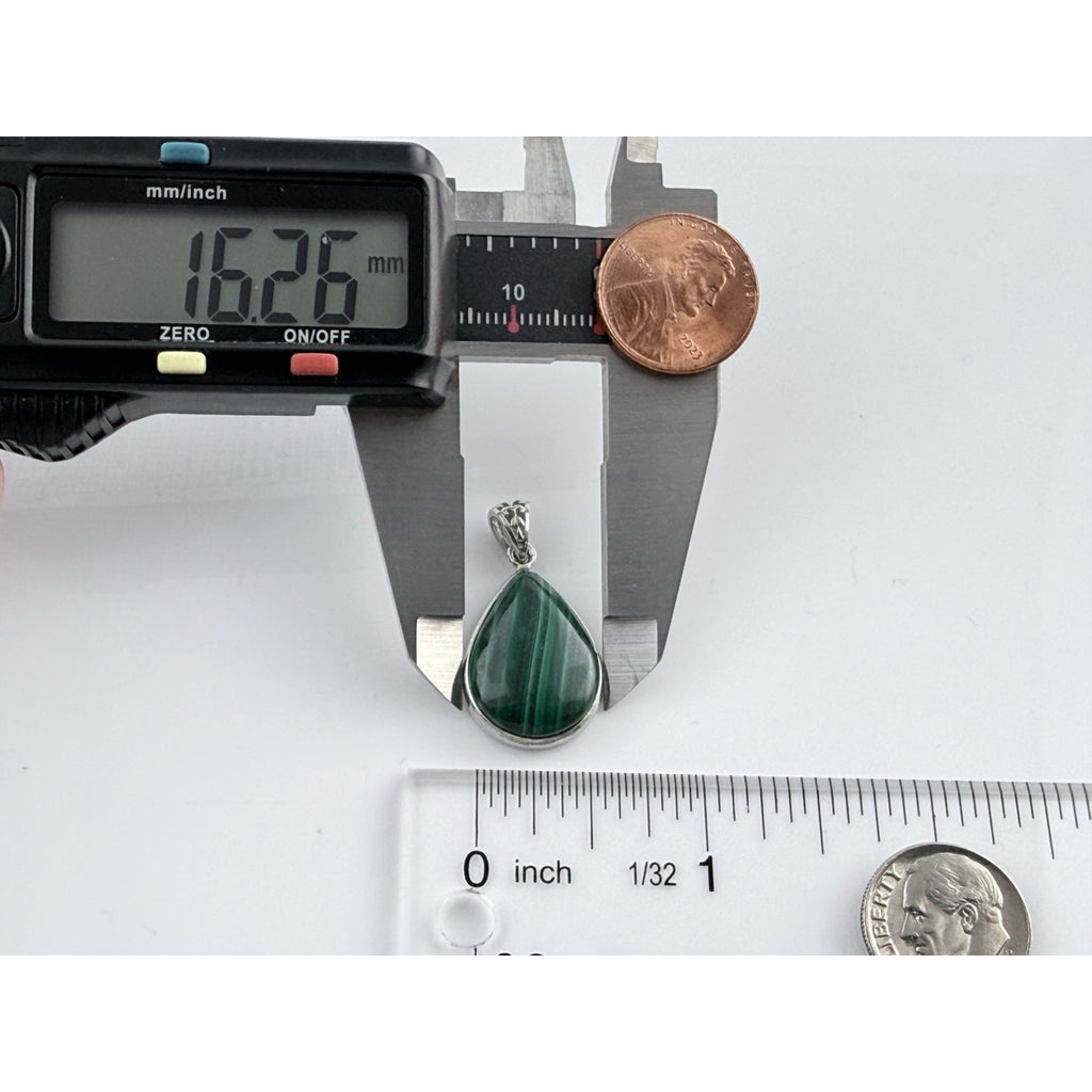 Sterling Silver Malachite Teardrop Cabochon Pendant 5.1 Grams 30mm Total Length