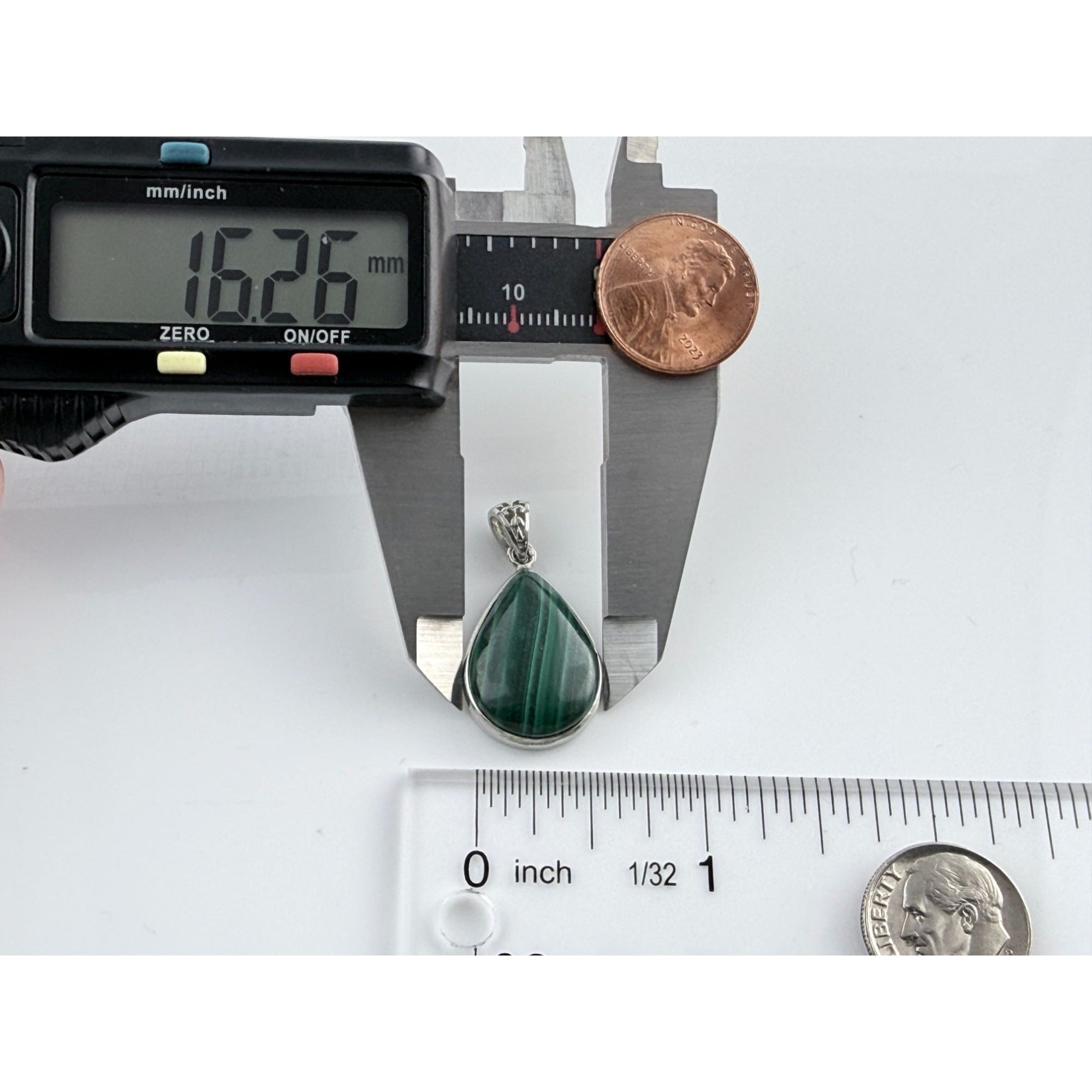 Sterling Silver Malachite Teardrop Cabochon Pendant 5.1 Grams 30mm Total Length