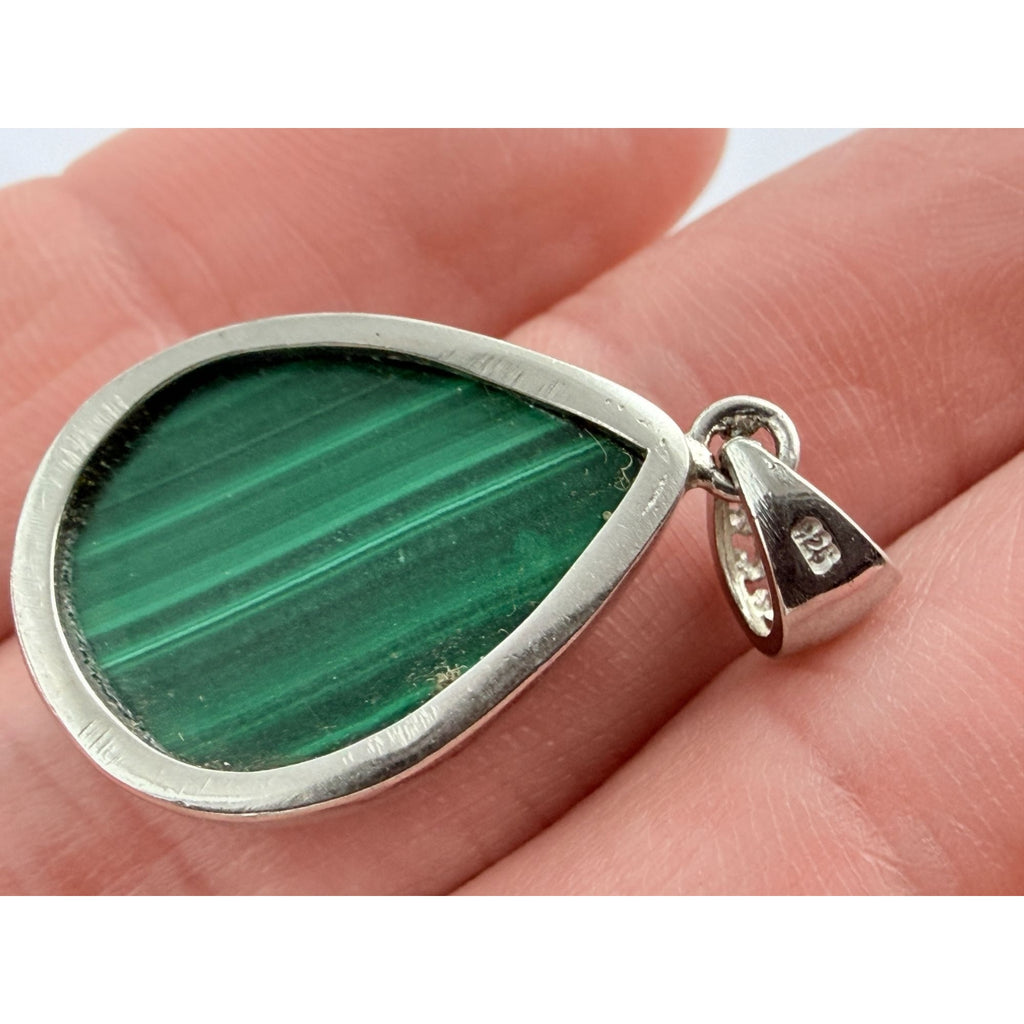 Sterling Silver Malachite Teardrop Cabochon Pendant 5.1 Grams 30mm Total Length