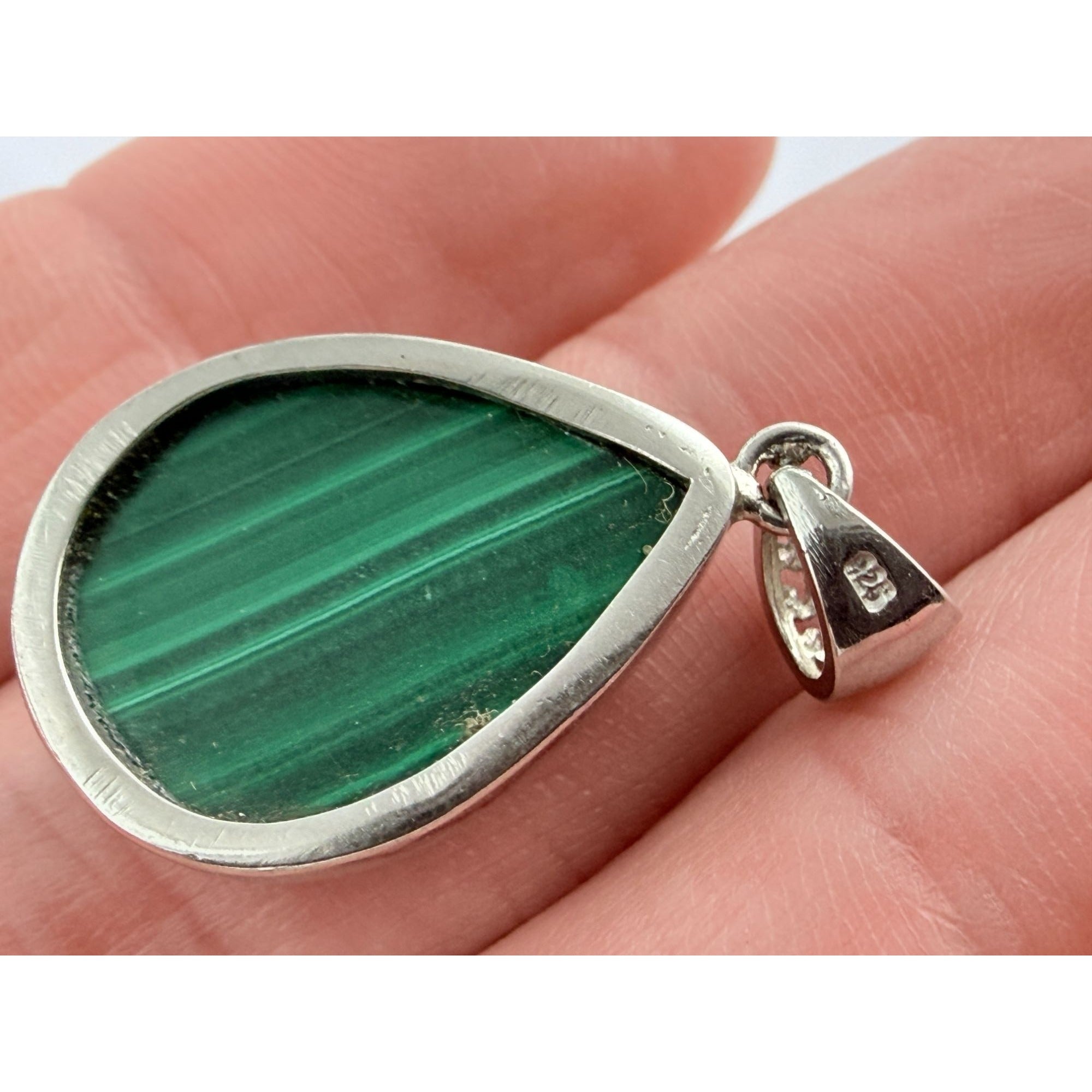 Sterling Silver Malachite Teardrop Cabochon Pendant 5.1 Grams 30mm Total Length