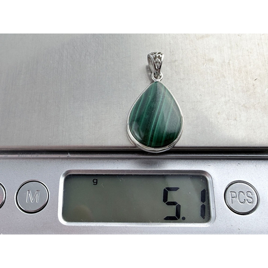 Sterling Silver Malachite Teardrop Cabochon Pendant 5.1 Grams 30mm Total Length