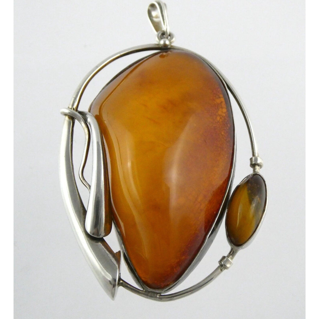Polish Sterling Silver Freeform Modernist Amber Cabochons Pendant 925 41.9g