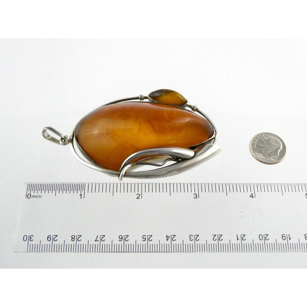 Polish Sterling Silver Freeform Modernist Amber Cabochons Pendant 925 41.9g