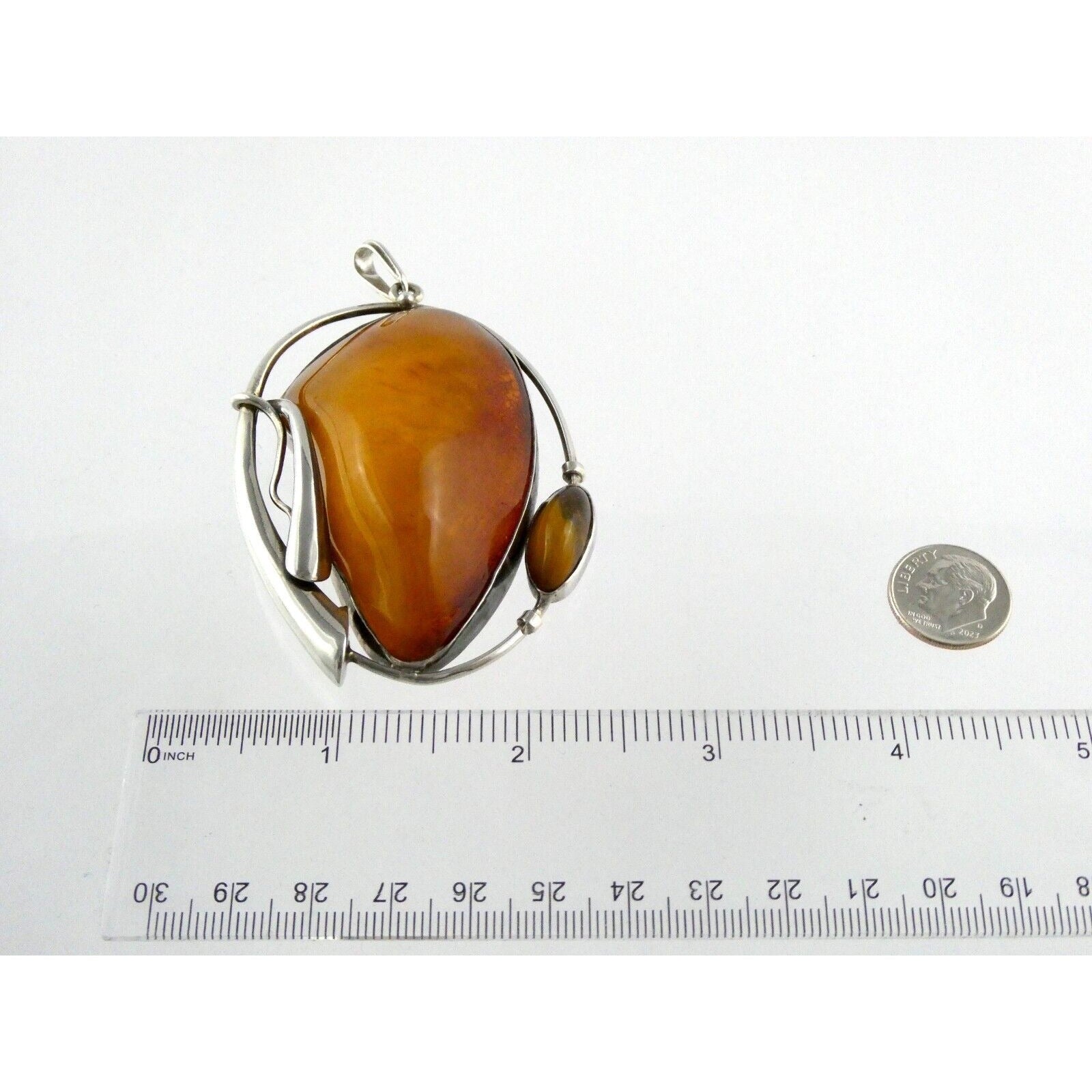 Polish Sterling Silver Freeform Modernist Amber Cabochons Pendant 925 41.9g