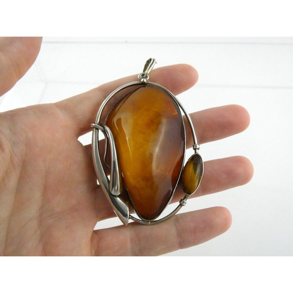 Polish Sterling Silver Freeform Modernist Amber Cabochons Pendant 925 41.9g