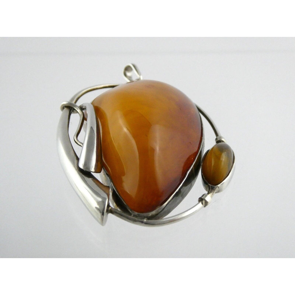 Polish Sterling Silver Freeform Modernist Amber Cabochons Pendant 925 41.9g