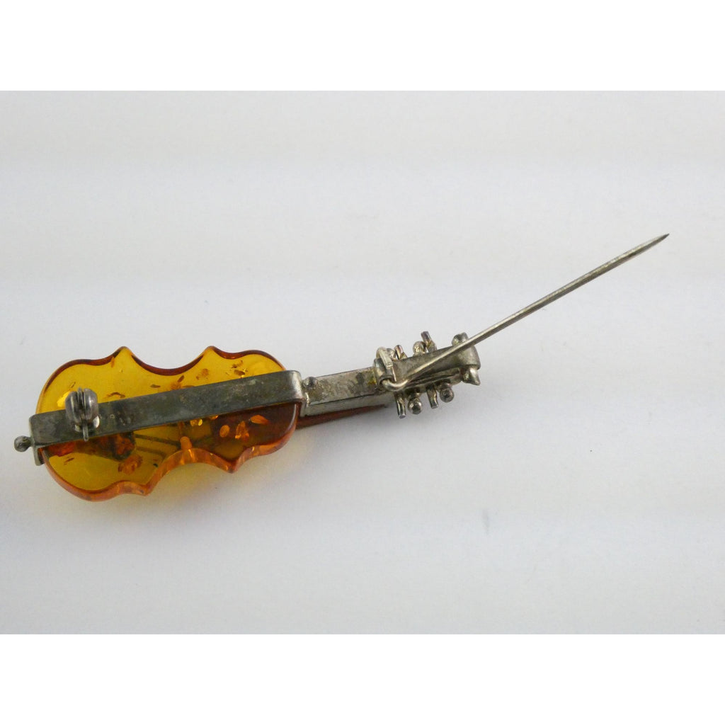 Vintage Polish Sterling Silver Carved Baltic Amber Violin Pin Brooch 6.4g 55mm