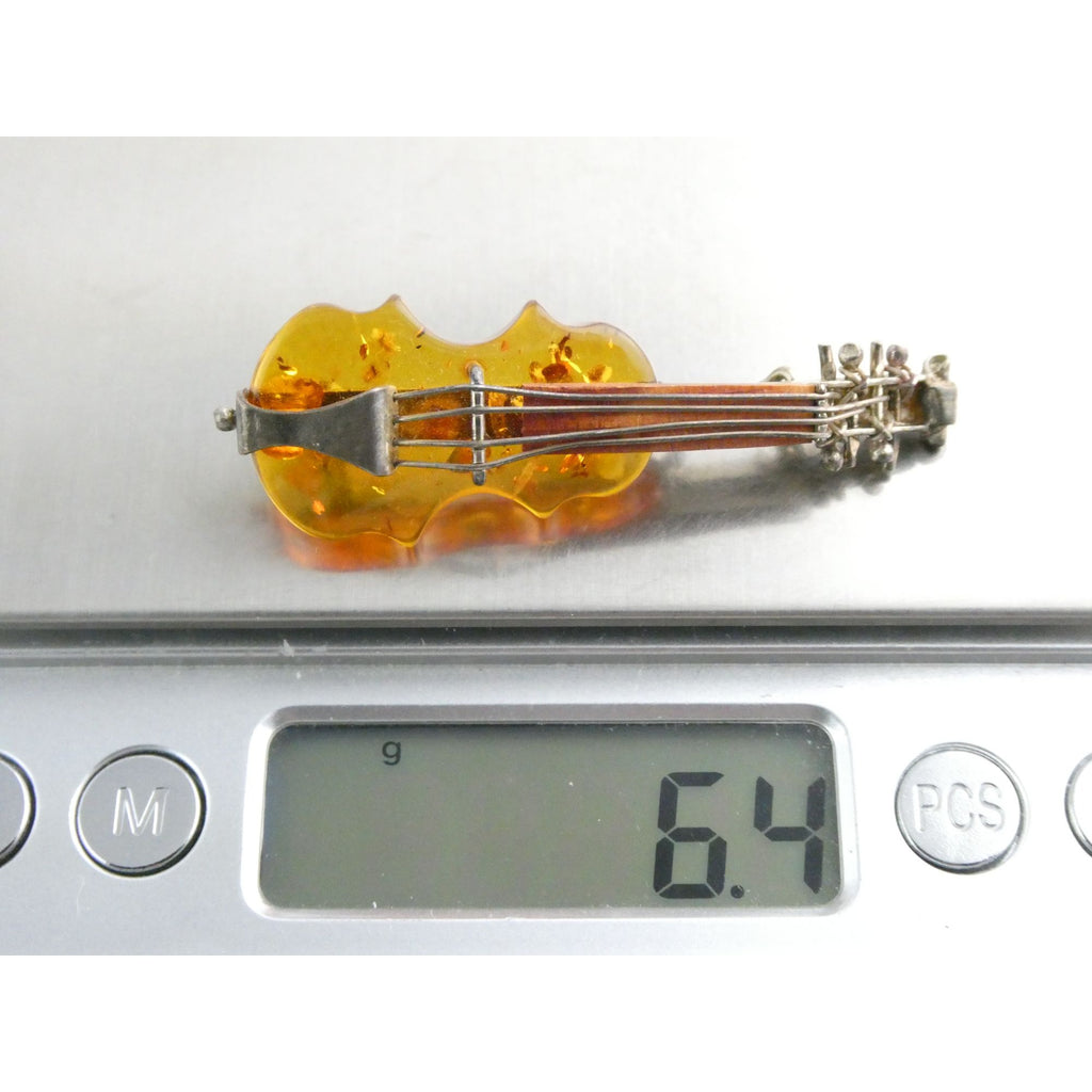 Vintage Polish Sterling Silver Carved Baltic Amber Violin Pin Brooch 6.4g 55mm
