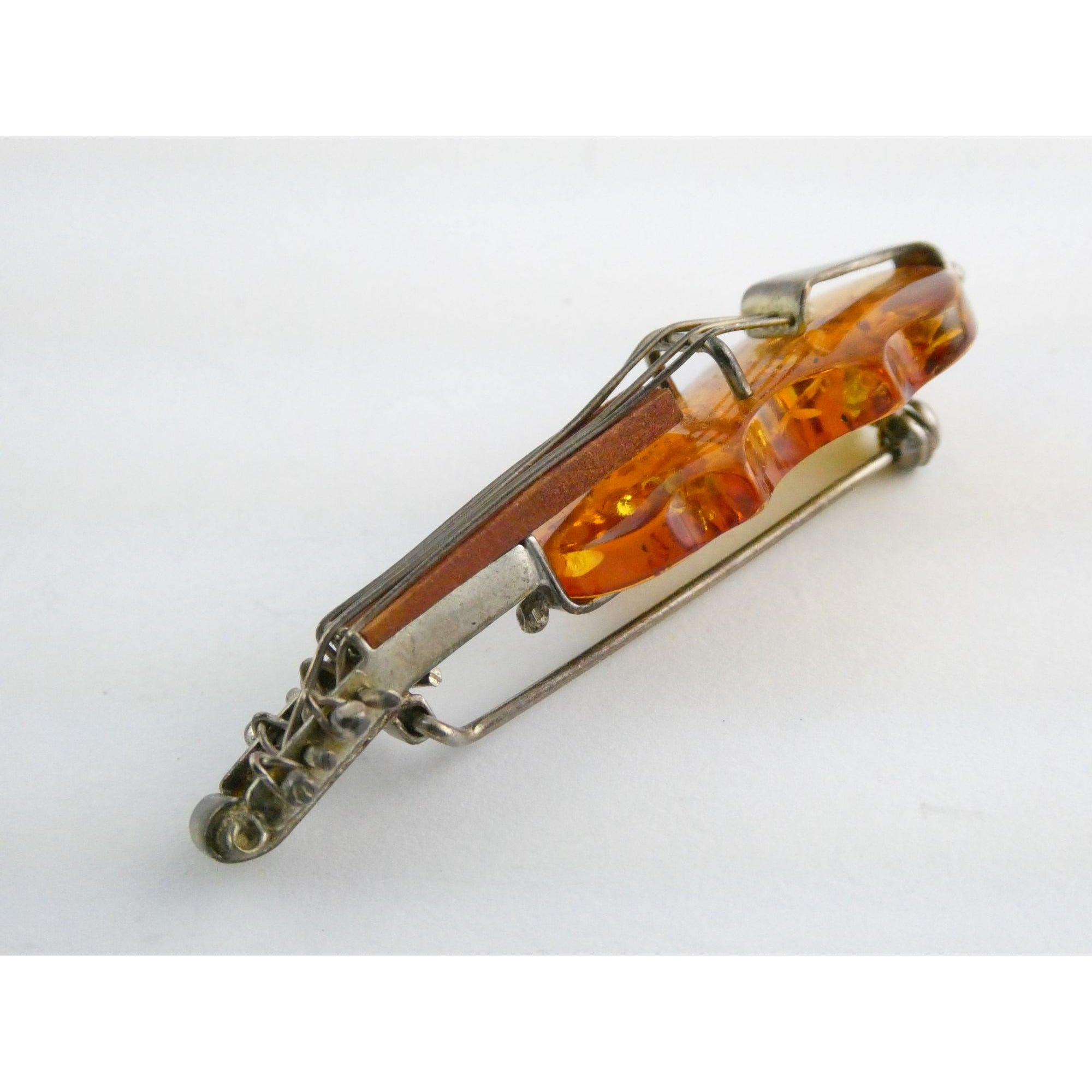 Vintage Polish Sterling Silver Carved Baltic Amber Violin Pin Brooch 6.4g 55mm