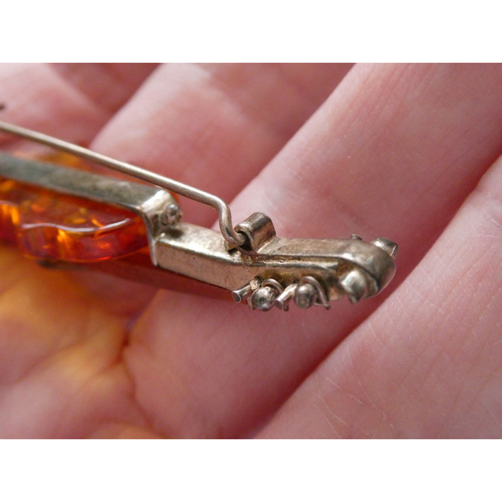 Vintage Polish Sterling Silver Carved Baltic Amber Violin Pin Brooch 6.4g 55mm
