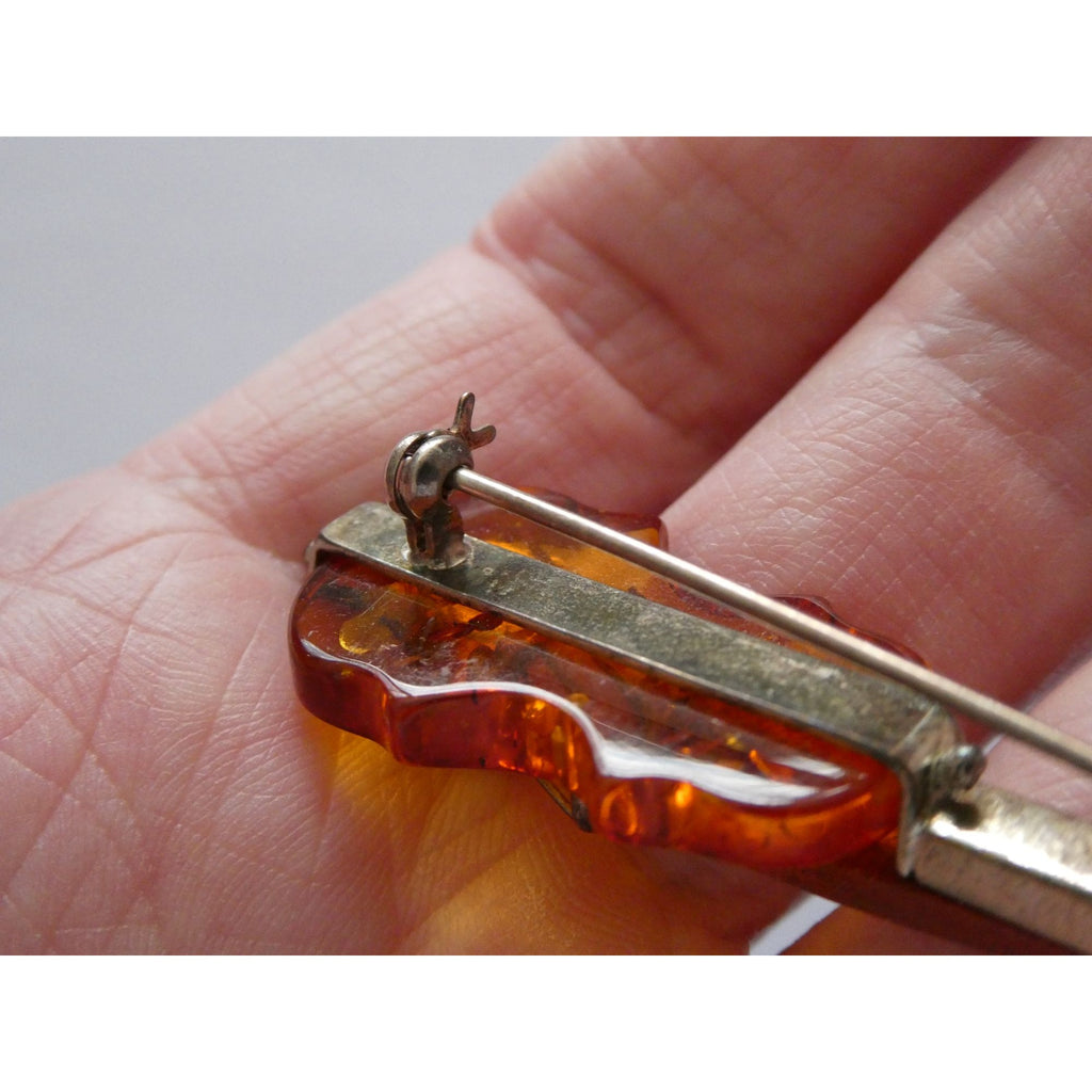 Vintage Polish Sterling Silver Carved Baltic Amber Violin Pin Brooch 6.4g 55mm