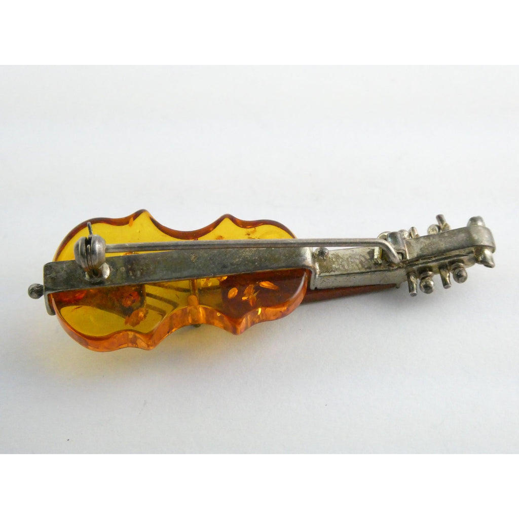 Vintage Polish Sterling Silver Carved Baltic Amber Violin Pin Brooch 6.4g 55mm