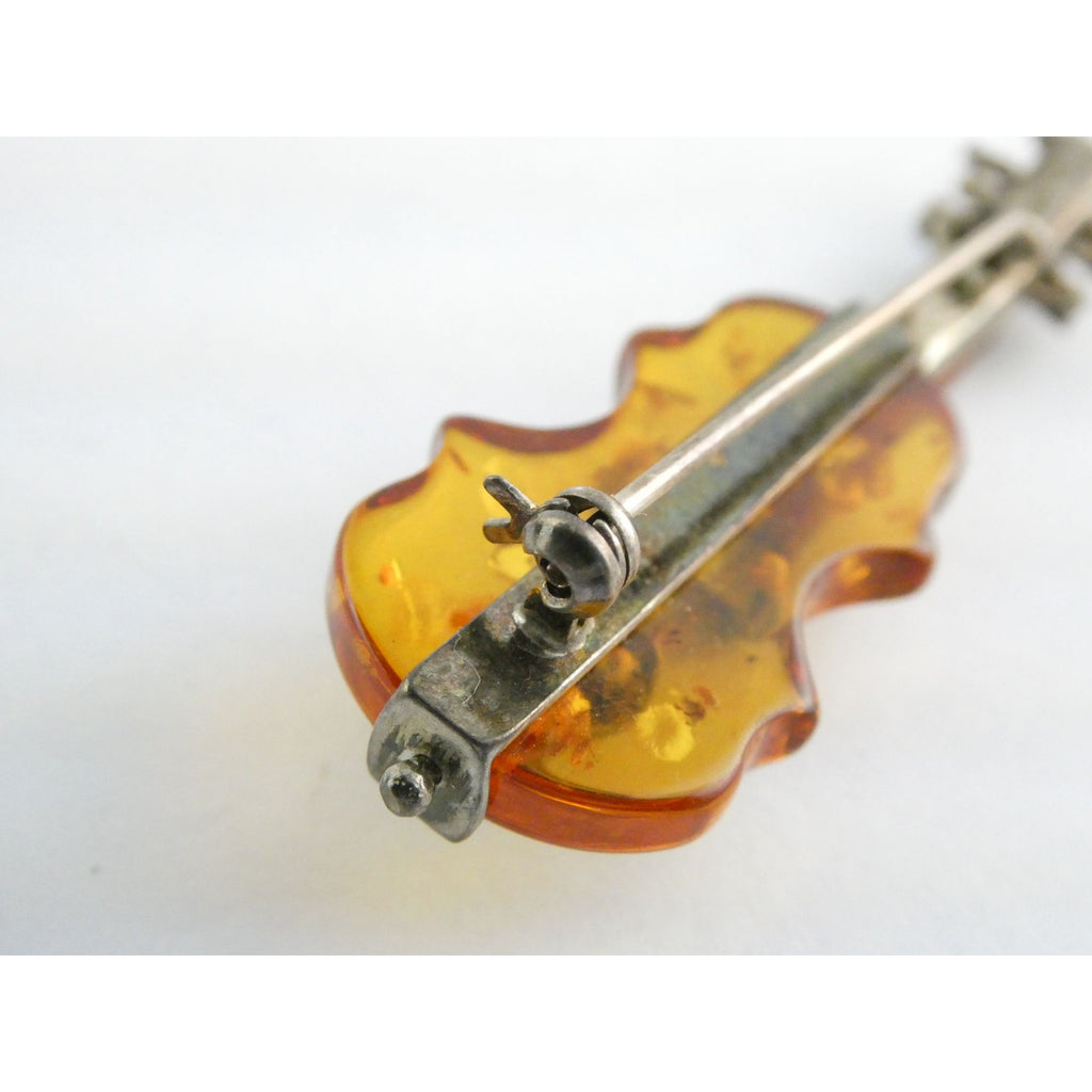 Vintage Polish Sterling Silver Carved Baltic Amber Violin Pin Brooch 6.4g 55mm