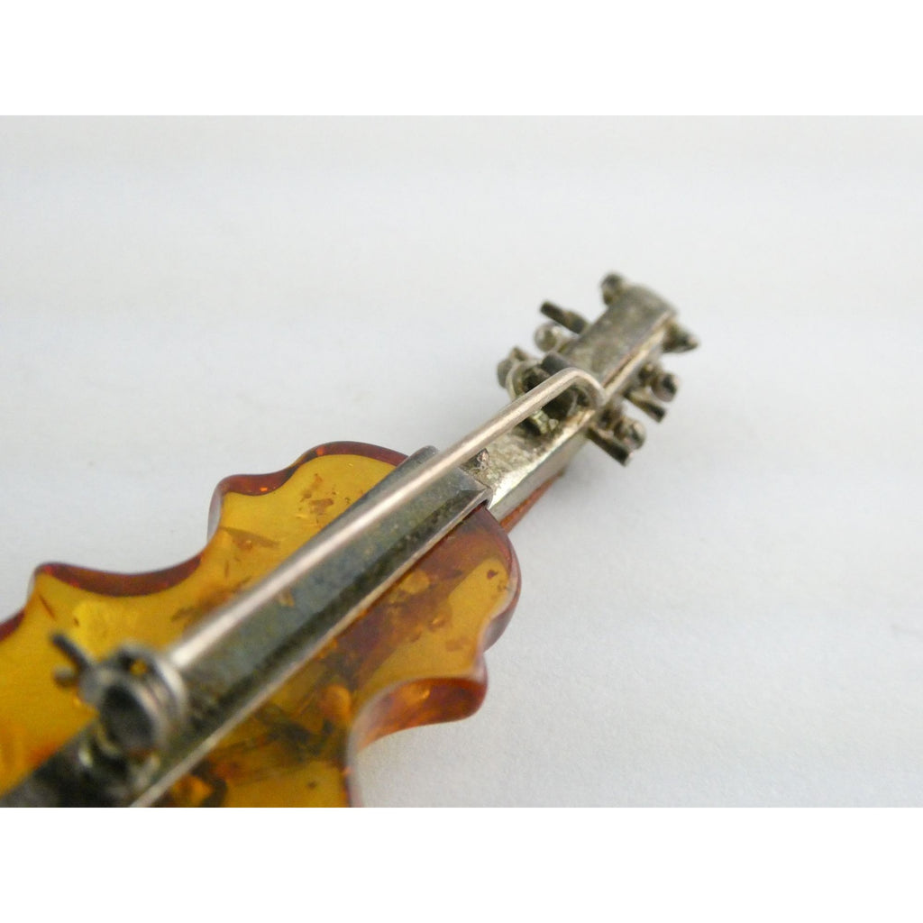 Vintage Polish Sterling Silver Carved Baltic Amber Violin Pin Brooch 6.4g 55mm