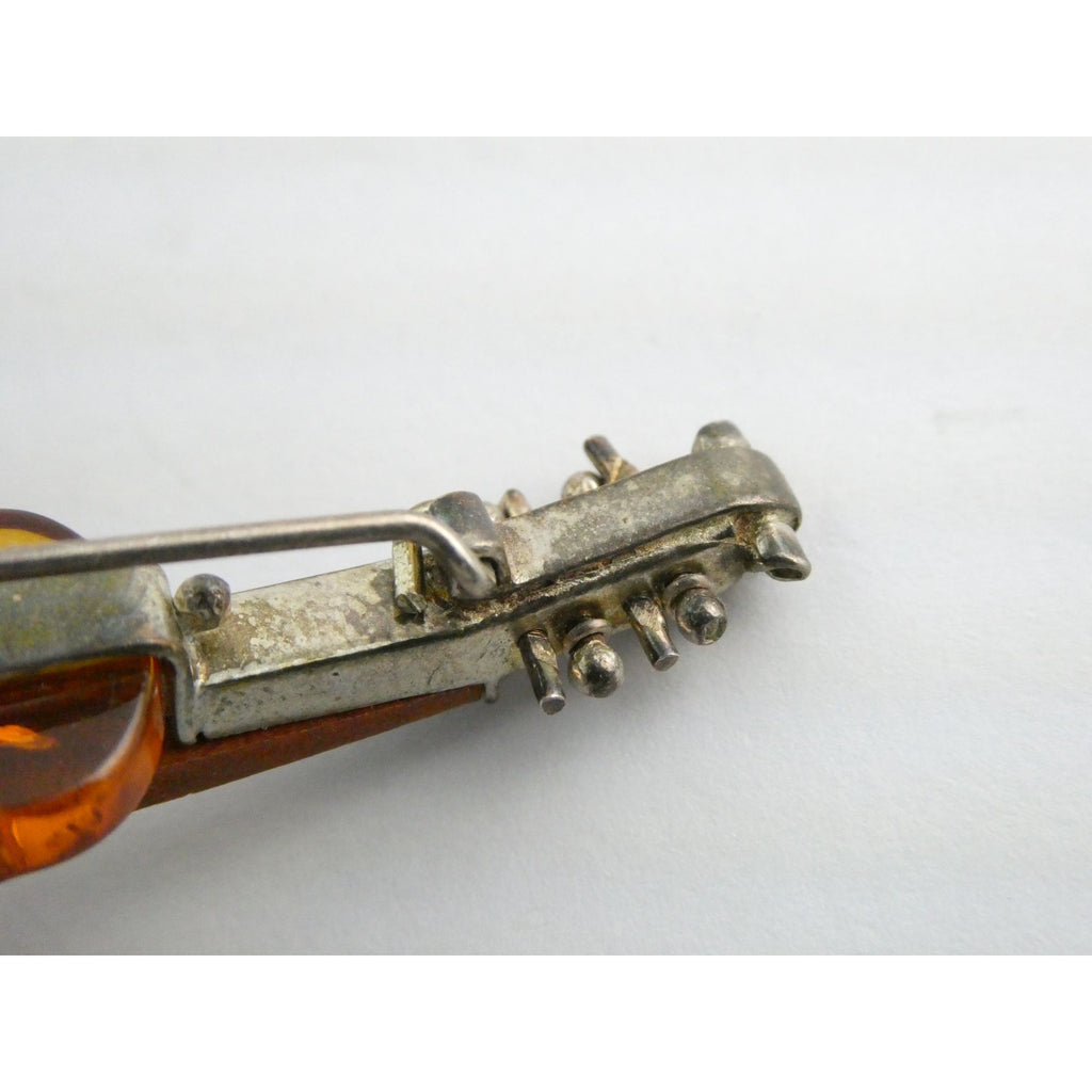 Vintage Polish Sterling Silver Carved Baltic Amber Violin Pin Brooch 6.4g 55mm
