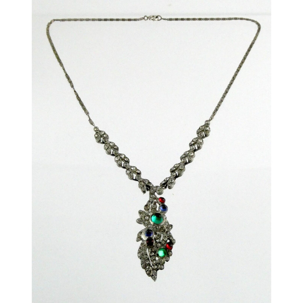 Antique Sterling Silver Paste Glass Gem Pendant Necklace 14.8g 16 Inches Deco