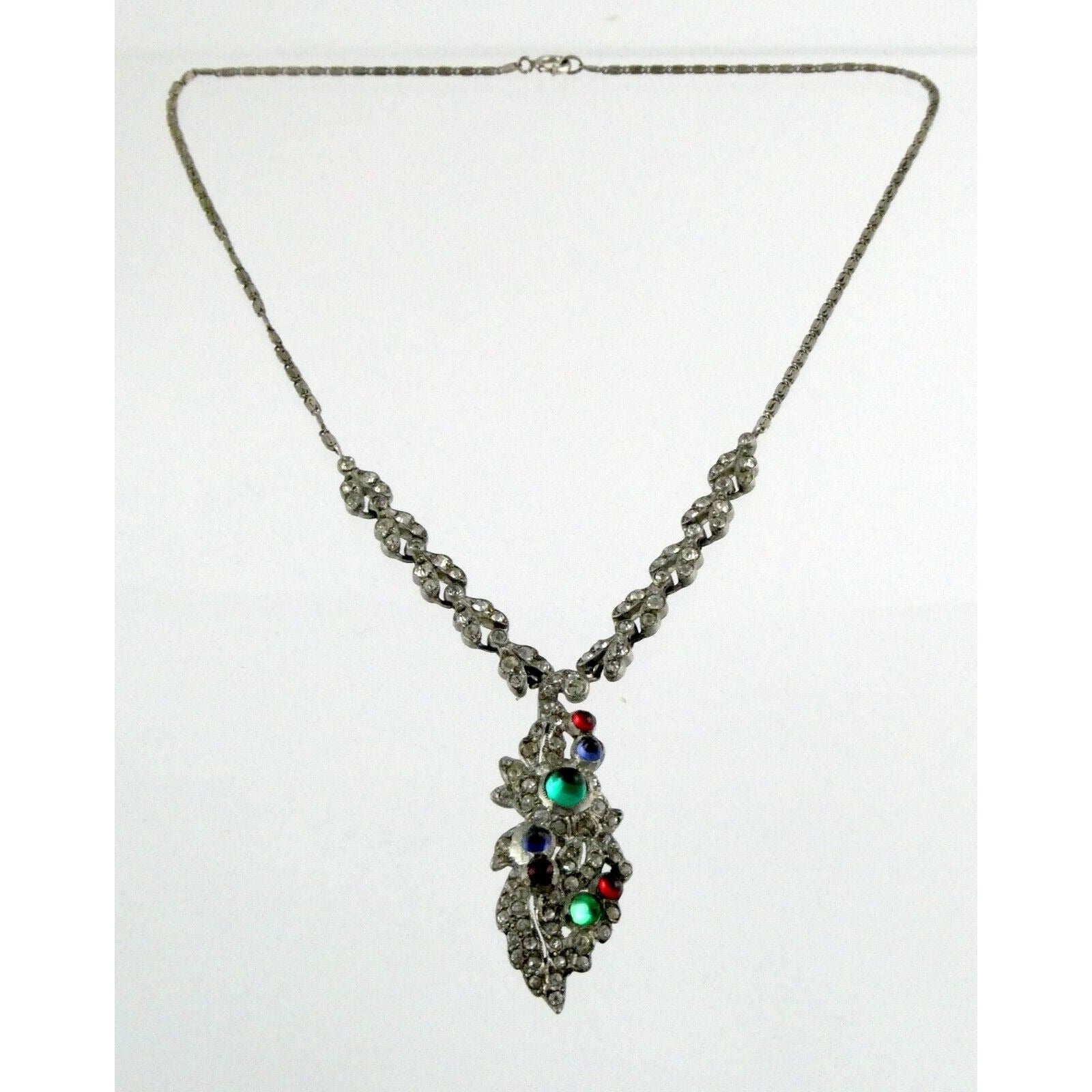 Antique Sterling Silver Paste Glass Gem Pendant Necklace 14.8g 16 Inches Deco