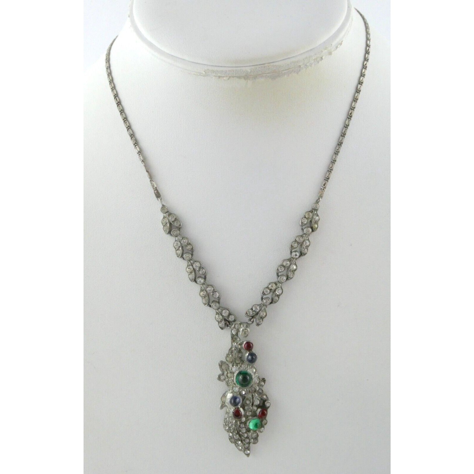 Antique Sterling Silver Paste Glass Gem Pendant Necklace 14.8g 16 Inches Deco