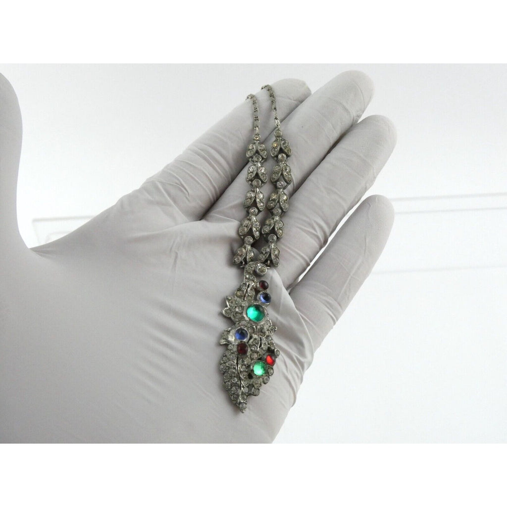 Antique Sterling Silver Paste Glass Gem Pendant Necklace 14.8g 16 Inches Deco